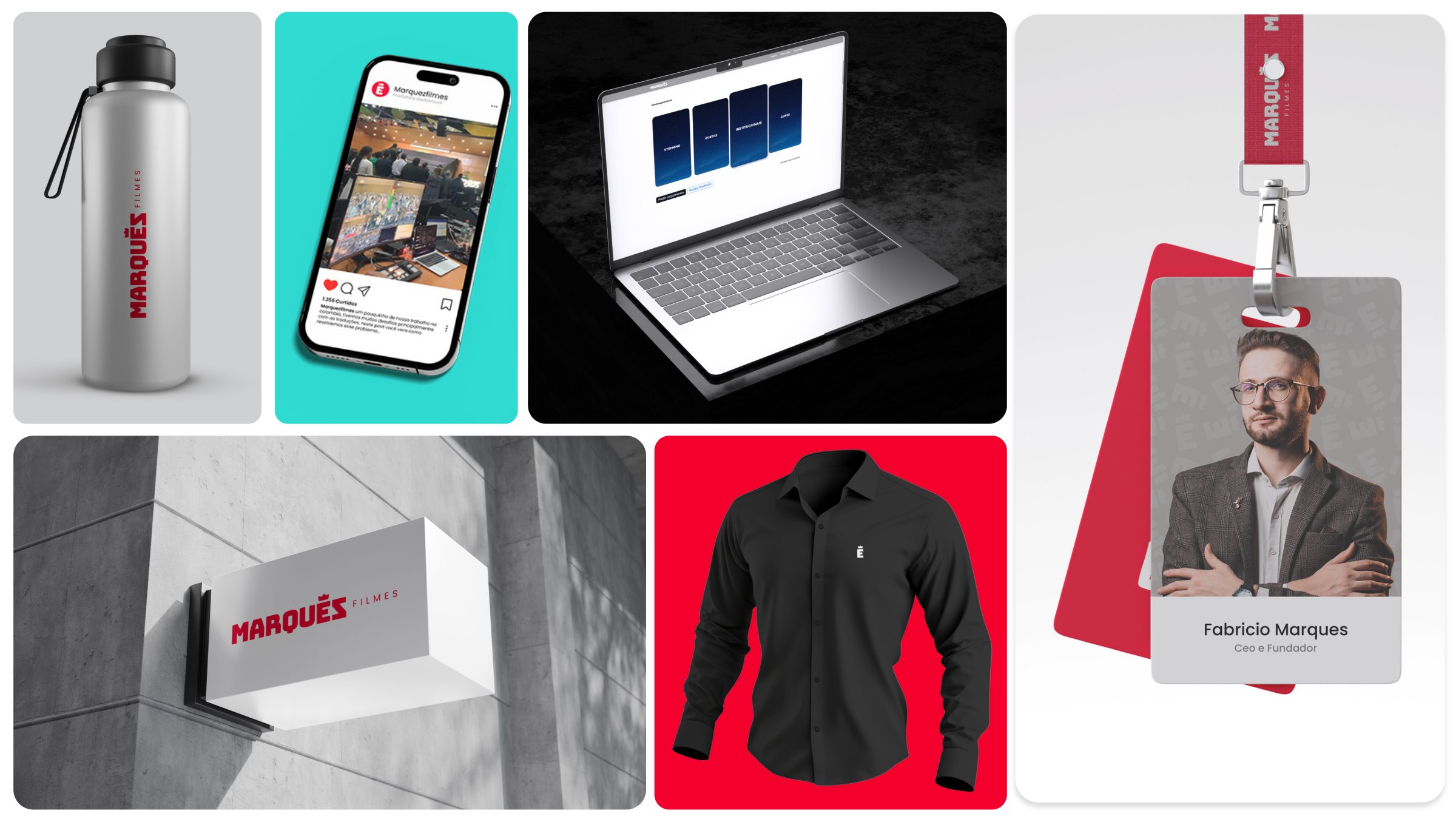 Aplicações — garrafa, Instagram, site, fachada, uniforme e crachá