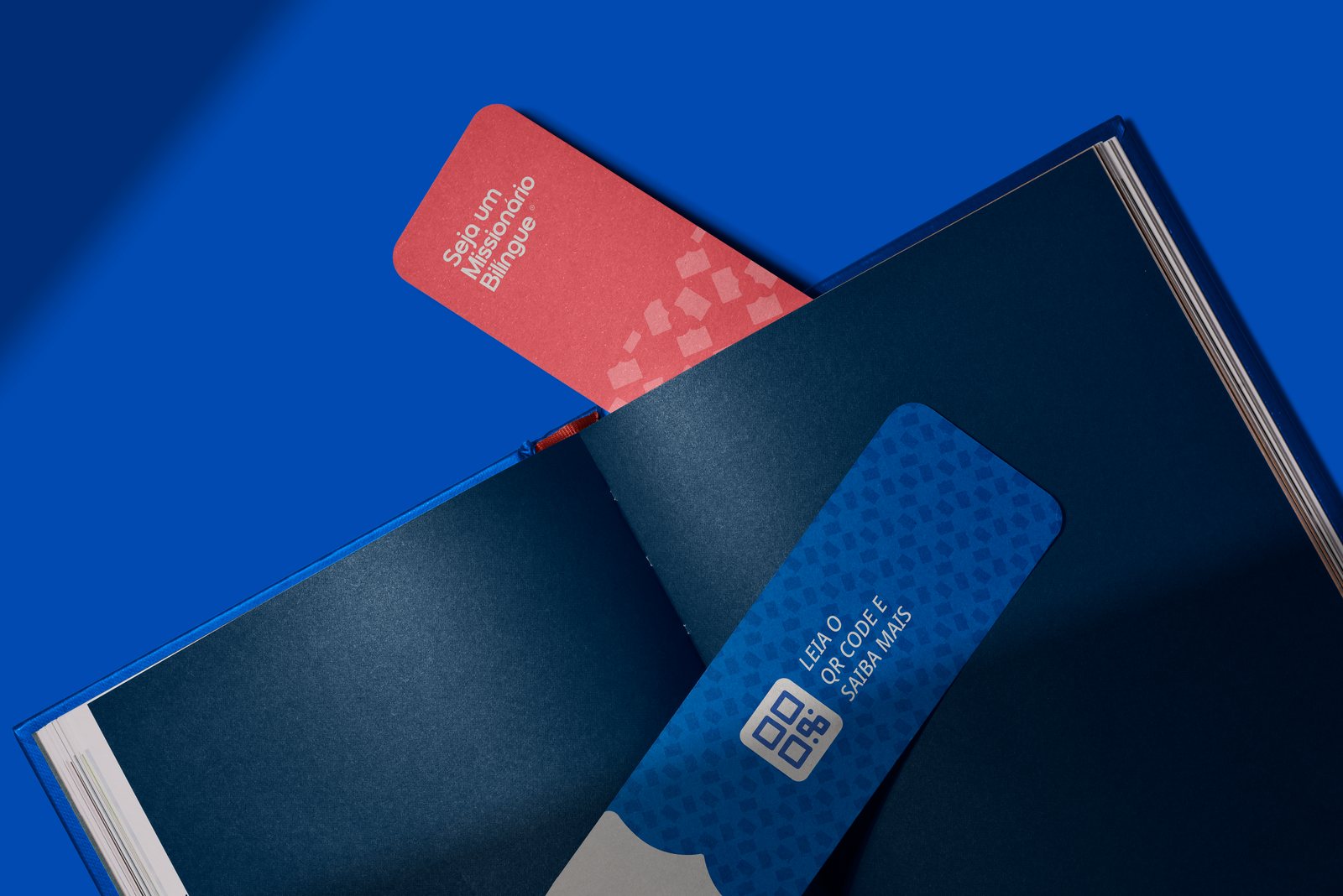 Bookmark — wine and blue with the brand pattern